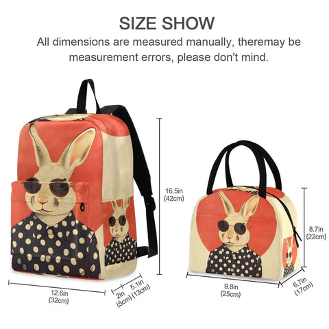 Rabbit Sunglass Moon Backpack With Insulated Cooler Lunch Box, lightweight nylon, scratch resistant travel book bag, size details.