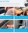 Instructions for using Heavy Duty Nylon Universal Cable Tie Buckles for Cars and Home Use, showing threading steps and lock mechanism.