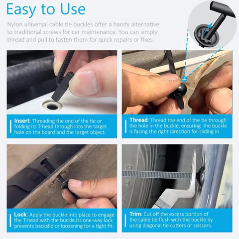 Instructions for using Heavy Duty Nylon Universal Cable Tie Buckles for Cars and Home Use, showing threading steps and lock mechanism.