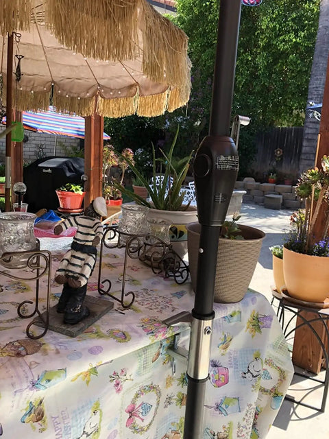Heavy Duty Umbrella Clamp Holder For Patios And Beach Tents Adjustable Outdoor Shade Mount secured on a picnic table.