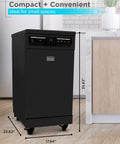 Solid 18 Inch Portable Dishwasher On Wheels And Energy Star Efficient 8 Place Setting Countertop Machine with dimensions in a kitchen setting.