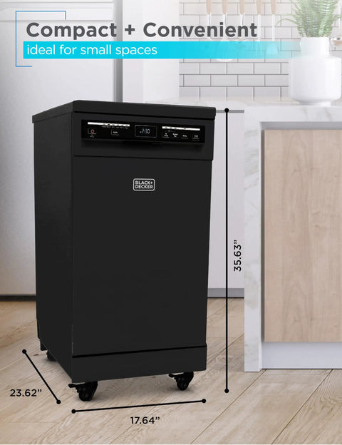 Solid 18 Inch Portable Dishwasher On Wheels And Energy Star Efficient 8 Place Setting Countertop Machine with dimensions in a kitchen setting.