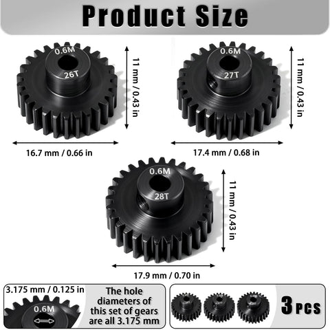 Beefy 0.6M Hardened Steel Pinion Gear Set For 1/10 RC Cars And Trucks 3.175mm Shaft 26T 27T 28T with M4 Screws and Hex Key