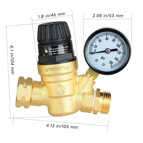 RV water pressure regulator by STMOUTUO; brass body with 0-160 psi gauge and adjustable knob.