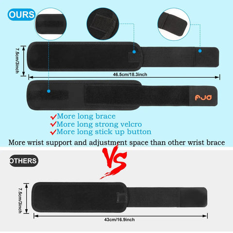 Comparison of black wrist support braces; upper with longer adjustable strap and velcro, for 2 Pack Adjustable Wrist Support Brace For Carpal Tunnel Relief, Women And Men Pain Relief, Arthritis And Tendonitis, Hand And Wrist Wraps, Compression Strap For Gym Sessions, Workouts, Sports, Weightlifting.