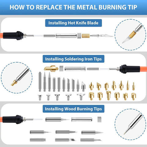 Close-up of All In One Wood Burning Kit for Adults with Gloves showing metal burning tips and replacement process.