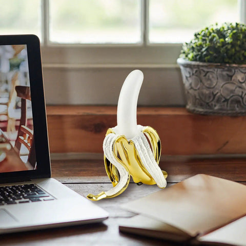 Banana Shaped Table Lamp With LED Night Light Modern Resin Banana Lighting Fixture for home office, next to laptop on desk