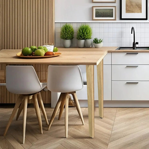 Premium Solid Wood Table Legs 28 Inches Tall Natural Finish used in modern kitchen with white chairs and wood details.