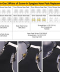 Top Tier Eyeglass Repair Kit Including 24 Pairs Of Replaceable Nose Pads, Magnetic Screwdrivers, Micro Screws And Curved Tweezers For Fast Specs Repairs, Sick Travel Essential - Display of replacement nose pads and tools.