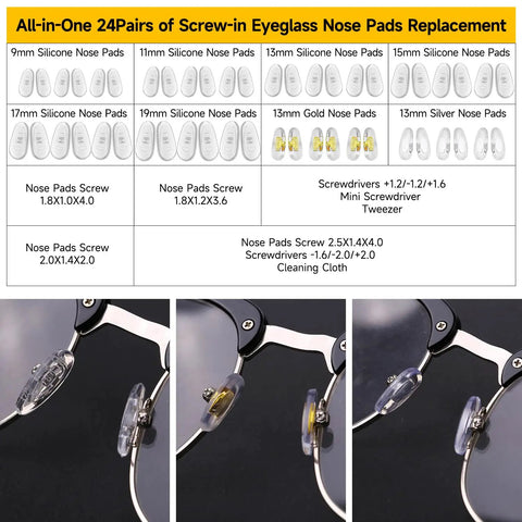 Top Tier Eyeglass Repair Kit Including 24 Pairs Of Replaceable Nose Pads, Magnetic Screwdrivers, Micro Screws And Curved Tweezers For Fast Specs Repairs, Sick Travel Essential - Display of replacement nose pads and tools.