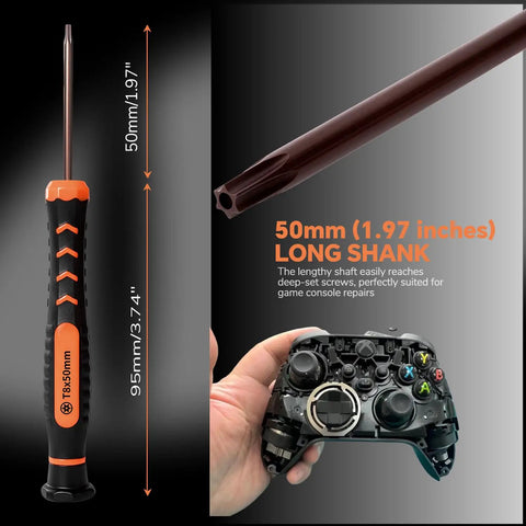 Premium T8 Security Torx Screwdriver with Heavy Duty Extended Shaft TR8 Star Bit, 50mm long shank for gaming console repairs.