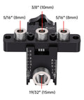 Heavy Duty 3 In 1 Self Centering Dowel Jig Kit For Shop Ready Woodworking aluminum drill guide showing adjustable widths and measurements.