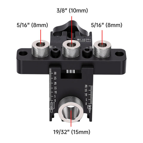 Heavy Duty 3 In 1 Self Centering Dowel Jig Kit For Shop Ready Woodworking aluminum drill guide showing adjustable widths and measurements.