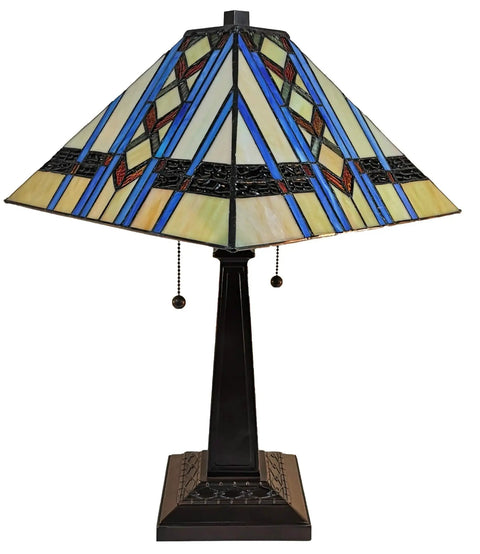 Tiffany Style Table Lamp with Stained Glass Shade 22 Inch Tall Multicolor Vintage Vibe for Nightstand Living Room or Bedroom Handmade Gift Classic Banker Mission Look