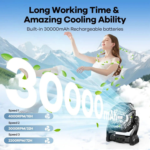 30000mAh Solar Powered Fan With LED Lantern And 10W Panel Rechargeable Camping Fan with woman experiencing cooling effect