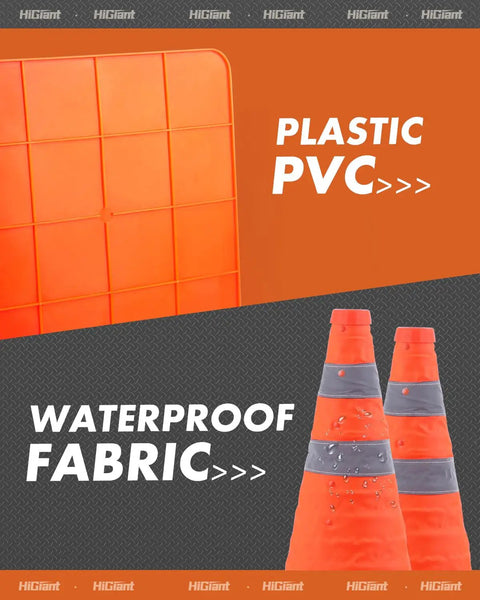 4 Pack 18 Inch Collapsible Traffic Cones Orange With Reflective Collar For Road Safety Driving Practice And Parking Lot Use Foldable Pop Up Cones High Visibility And Easy Storage In Your Car Or Garage showing waterproof fabric and PVC material.