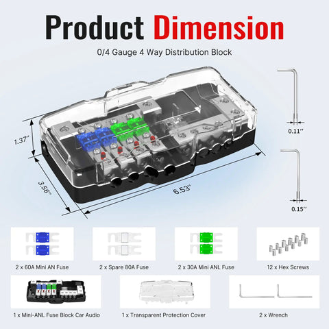 Beefy Heavy Duty Fused Power Distribution Block For Car Audio And Marine Systems 4 Way MIDI Fuse Block With 12V 0 To 4 Gauge Ground Dual Positive And Ground Poles Supports Mini ANL Fuses For Auto UTV Boat Stereo Amps, dimensions view