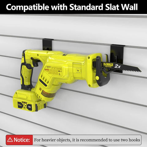 Heavy Duty Slatwall Hooks 20 Pack With Beefed Up Backplate securing yellow power tool on slat wall in garage organizer system