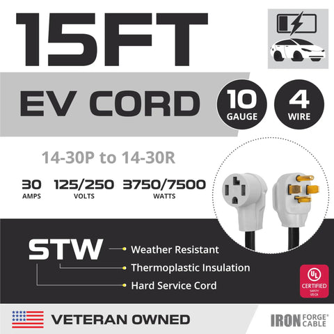 Heavy Duty 30 Amp Extension Cord For EV Charging And RV Campers 15 Ft 10 Gauge 10-30P To 10-30R Black STW Cable Tough Outdoor Use For Welders Generators Appliances And Power Tools
