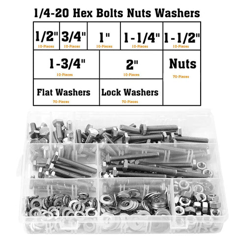 Pro Grade Stainless Steel 1/4-20 Bolt Kit With Nuts, Flat Washers, Lock Washers, and Fully Threaded Bolts in organizer