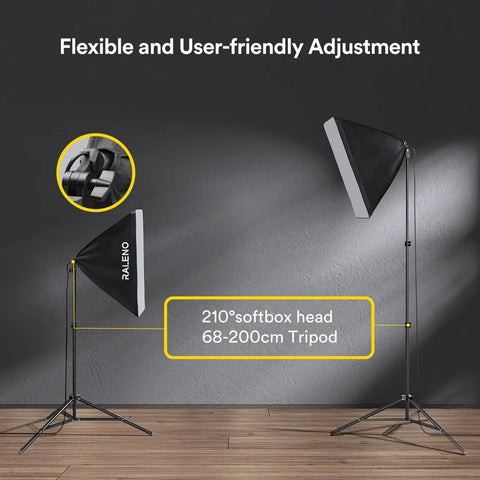 Softbox Lighting Kit 20x28-Inch With Dual 50W Daylight LED Bulbs 5500K TLCI 97 setup showing adjustable tripod height