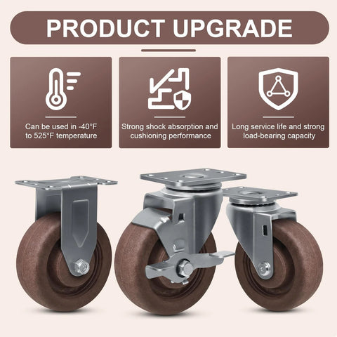 Set of four 4x1.5 in hi-temp glass-filled nylon caster wheels with metal mounting plates; brown wheels, brake visible.