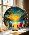Colorful Acrylic Suncatcher Puzzle Window Decor Kit With Hanging Chain And Hook, beach scene with sunset, palm trees, and chairs.