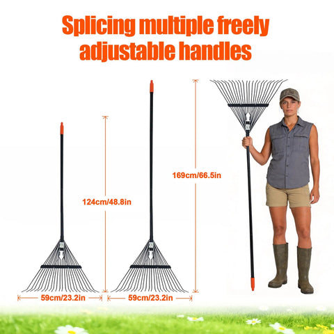 Wide 22-Tine Leaf Rake With 22.8 Inch Head And Adjustable 33 To 67 Inch Metal Handle, held by a person, illustrating handle length.