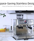 Top Shelf 20 Bar Semi Automatic Espresso Machine With Precision Burr Grinder And Adjustable Grind Size For Knockout Crema And Straight Fire Lattes Featuring Pid Temp Control 2.8 Liter Tank And Steam Wand, stainless steel, 16 inch height.