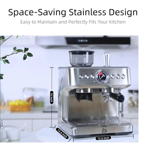 Top Shelf 20 Bar Semi Automatic Espresso Machine With Precision Burr Grinder And Adjustable Grind Size For Knockout Crema And Straight Fire Lattes Featuring Pid Temp Control 2.8 Liter Tank And Steam Wand, stainless steel, 16 inch height.