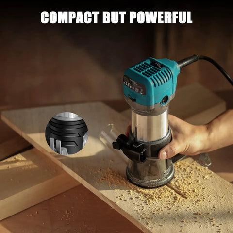 Powerful 6.5 Amp Wood Router Tool With 1.25 HP Compact Trim Router at work, showing cutting action on wood surface