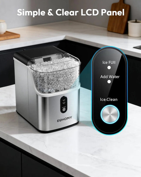 Countertop Nugget Ice Maker With Self Cleaning And Ice Scoop Pebble Ice Machine Delivers Soft Chewable Ice On Kitchen Counter
