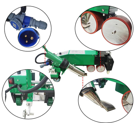 No Fuss Pro Grade Automatic TPO Roof Welder 5500W Powerhouse with heat gun, pressure roller, and detailed components.