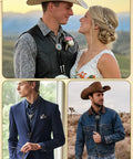 Top Shelf Bolo Tie Set 8 Piece Adjustable Western Leather Neckties With Turquoise Conchos worn by couples and men in various outfits.