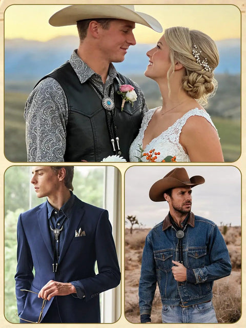 Top Shelf Bolo Tie Set 8 Piece Adjustable Western Leather Neckties With Turquoise Conchos worn by couples and men in various outfits.