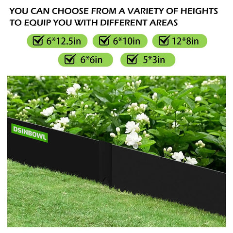 Workhorse 40 Ft Galvanized Steel Landscape Edging Kit installed in garden with flowering plants, showing height options and DSINBOWL branding.
