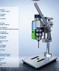 Compact Benchtop Drill Press With Rear Mounted 795 High Torque Motor For Do It Yourself Projects Woodworking Jewelry Making And Crafts Cnc Aluminum Body Low Vibration Quiet Operation B10 Chuck displayed at an angle with dimensions list
