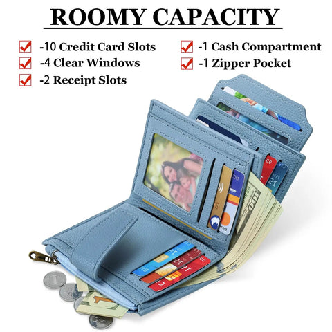 Compact Everyday Wallet For Women With RFID Blocking Soft Cowhide Leather Bifold Card Holder Slim Yet Roomy Zipper Coin Pocket Four ID Windows Durable Craftsmanship Ideal For Cards And Cash open showcasing card slots and coin pocket