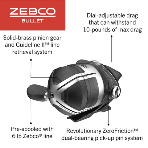 Zebco Bullet spincast fishing reel, black, front-side view, pre-spooled with 6 lb Zebco line.