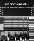Close-up of multi-groove guide rollers in Adjustable Electric Wire Stripping Machine Portable Cable Stripper Tool With V-Groove Rollers Automatic Ejection Multi-Hole Design For 3.5 To 17 Mm Cables Precision Electrical Work Handy Gadget.