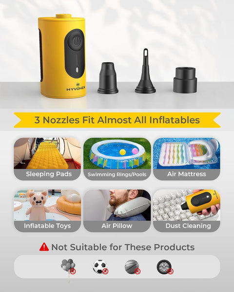 Portable yellow air pump with HYVOHEX brand and three nozzles for inflatables and air mattresses