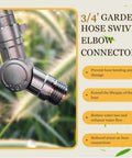 Beefy Brass Hose Swivel Connector With 360 Rotation Three Quarter Inch Garden Hose Adapter Rust-Proof Water Fitting For RV Faucets And Sprayers 180 Degrees Plus Full Spin Includes Two Extra Washers, 3/4" elbow