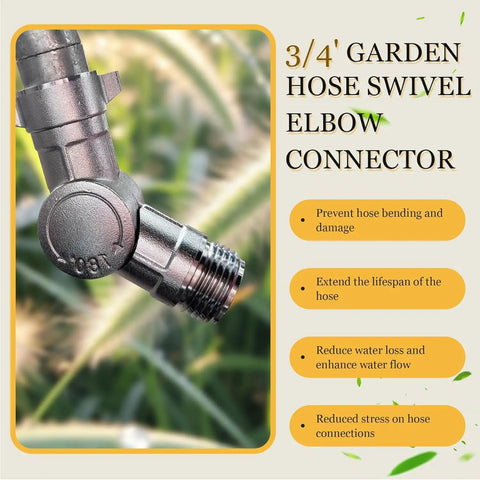 Beefy Brass Hose Swivel Connector With 360 Rotation Three Quarter Inch Garden Hose Adapter Rust-Proof Water Fitting For RV Faucets And Sprayers 180 Degrees Plus Full Spin Includes Two Extra Washers, 3/4" elbow