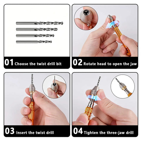 Precision Pin Vise Hand Drill With 3 Jaw Chuck, Adjustable Chuck, Aluminum Alloy Build, Red Handle, Handy Compact Fine Detail Craft Drill For Jewelry, Model Making, Electronics And Hobby Projects, shown with drill bits and chuck steps