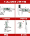 Four measuring methods displayed on Six Inch Digital Caliper With Rechargeable Battery Backlit LCD Screen Stainless Steel Measuring Tool