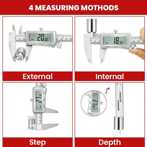 Four measuring methods displayed on Six Inch Digital Caliper With Rechargeable Battery Backlit LCD Screen Stainless Steel Measuring Tool