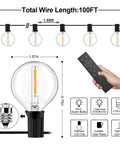Diagram of 100 Ft Outdoor String Lights With Dimmer LED G40 Globe Patio Lighting, showing bulb details and remote control.
