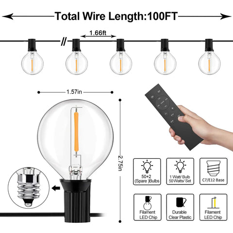 Diagram of 100 Ft Outdoor String Lights With Dimmer LED G40 Globe Patio Lighting, showing bulb details and remote control.