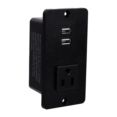 Flush Mount Power Outlet With Heat Resistant Pc Body Legit Fire Proof Design Clean Wire Routing No Sweat Wall Install For Modern Homes And Fast Room Refreshes, black AC and USB combo socket.