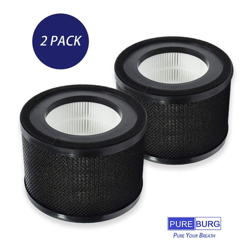 Two Pack True HEPA Air Filter for TaoTronics TT-AP001 Gukify AP001 and VAVA VA-EE014 Purifiers with H13 Activated Carbon 2 In 1 Filtration, Easy Drop In Replacement for Cleaner Air and Less Dust, shown in black with white inner layer, Pure Burg brand.